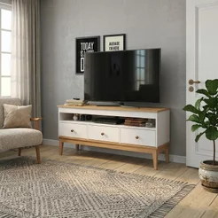 Rack Colonial para TV até 50 Polegadas 120cm com 3 Gavetas e 1 Nicho Branco/Mel Mel/Branco