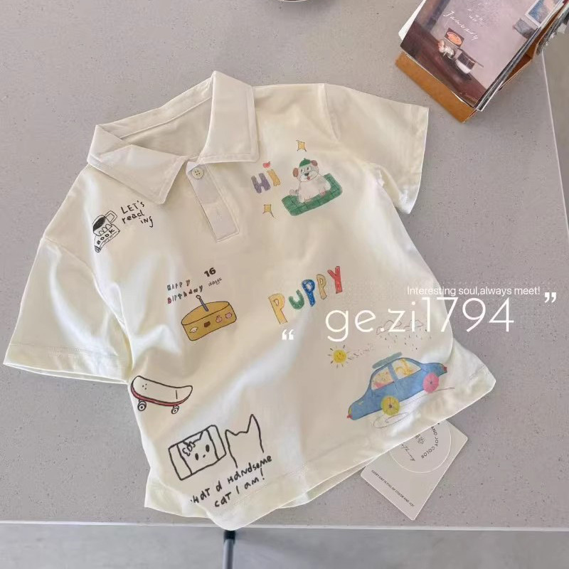 Crianças estilo coreano moda Graffiti impresso camiseta de manga curta verão meninos moda All-Match gola polo topo algod