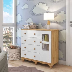 Cômoda Bebê 1 Porta com Janela e 4 Gavetas Mimo 100% MDF Espresso Móveis Amêndoa Branco Branco Brilho/Amêndoa