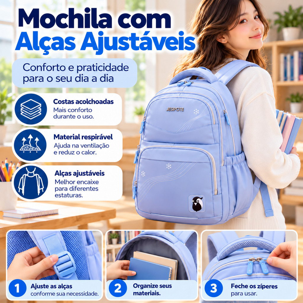 Mochila Feminina Escolar Alças Acolchoadas Bolsos com Zíper Grande Capacidade Resistente Para Faculdade e Trabalho