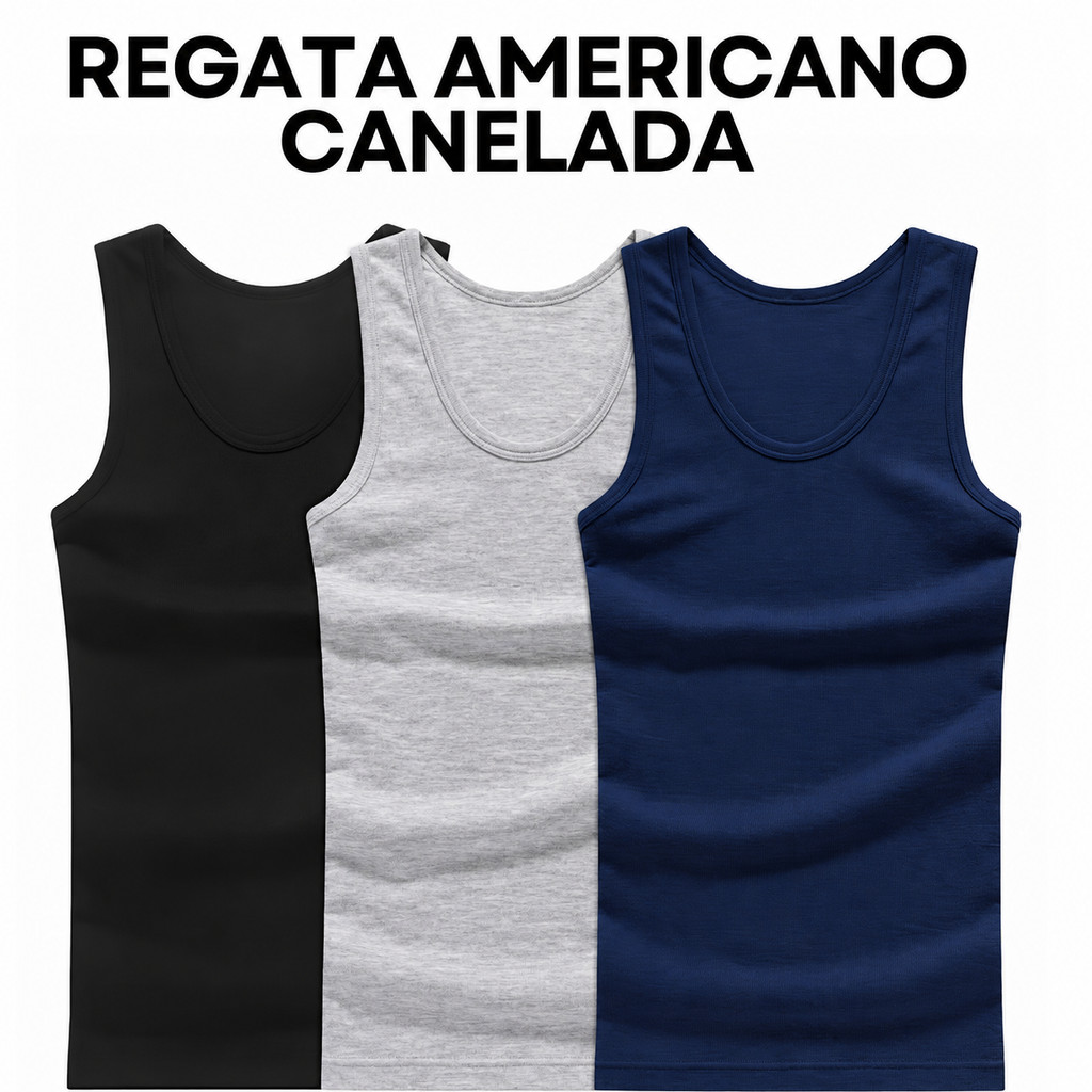Kit 2 Regata Americano Canelada Masculina Básica 100% Algodão Lisa Premium