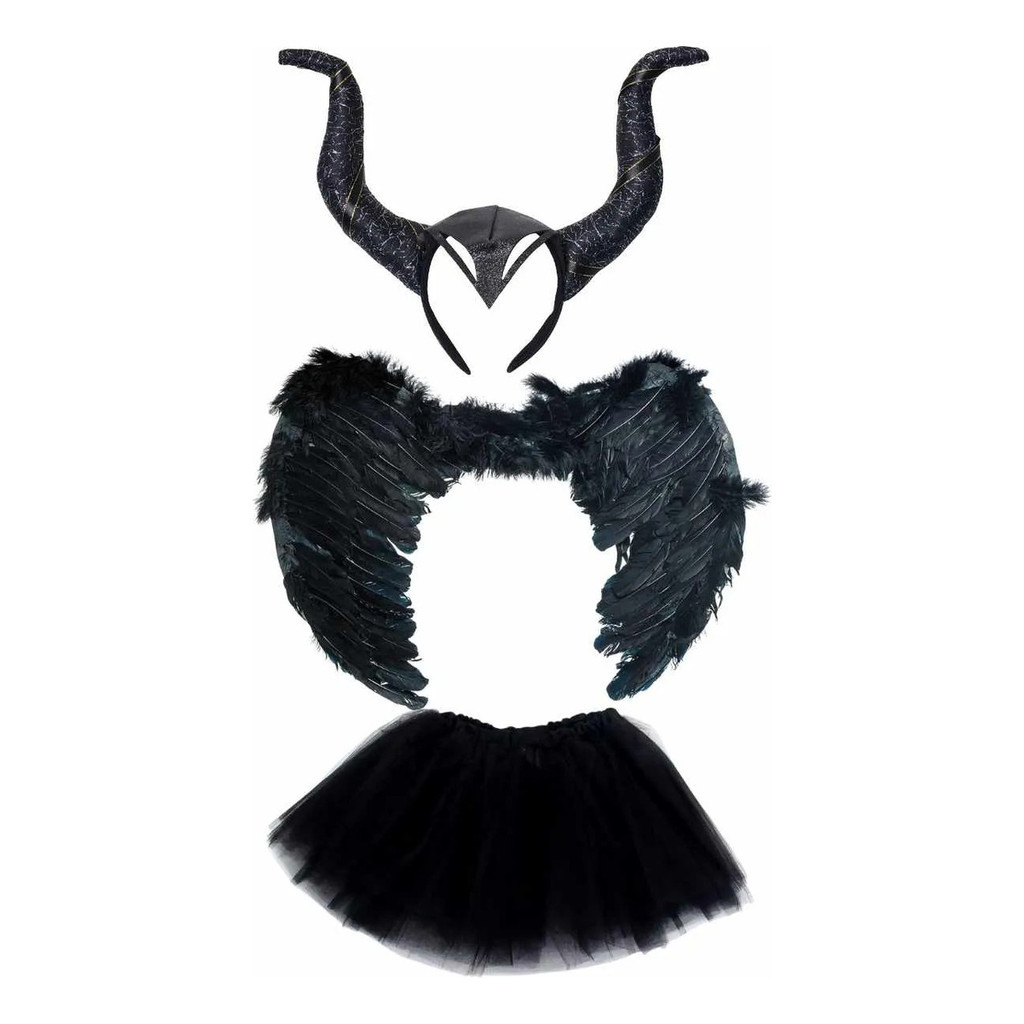 Kit Asa Pena + Tule Adulto + Tiara Preta Fantasia Halloween