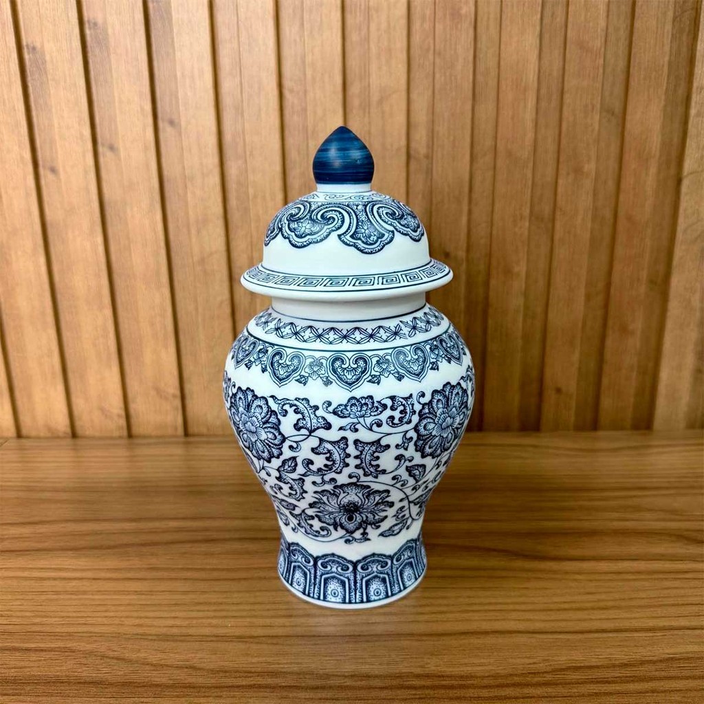 Potiche Porcelana Estilo Chinês Floral Azul e Branco 25x15cm