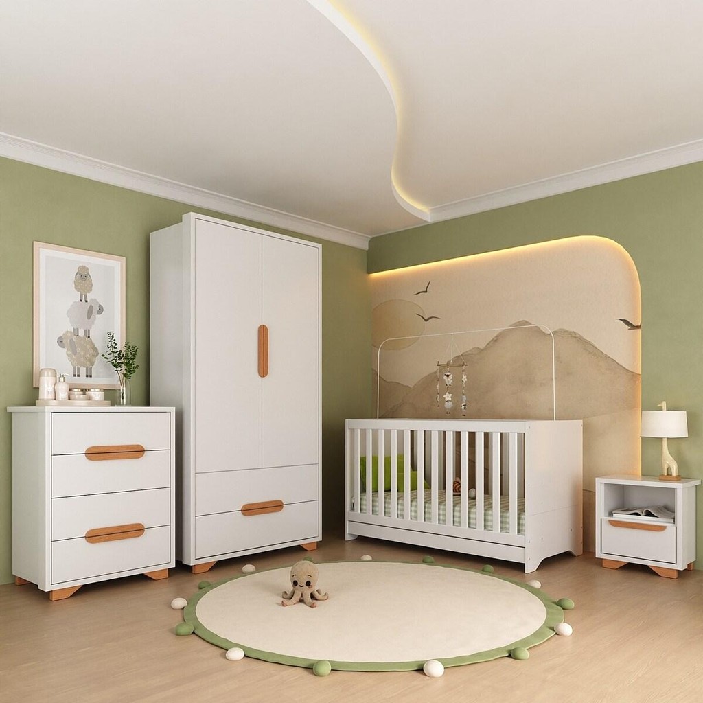 Quarto de Bebê Completo com Berço 3 em 1 com Colchão Incluso Multimóveis MP4400 Branco/Natural