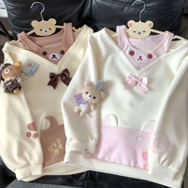Estilo Japonês Falso Dois Urso Casual Fora Do Ombro Moletom Feminino Versátil Solto Topo