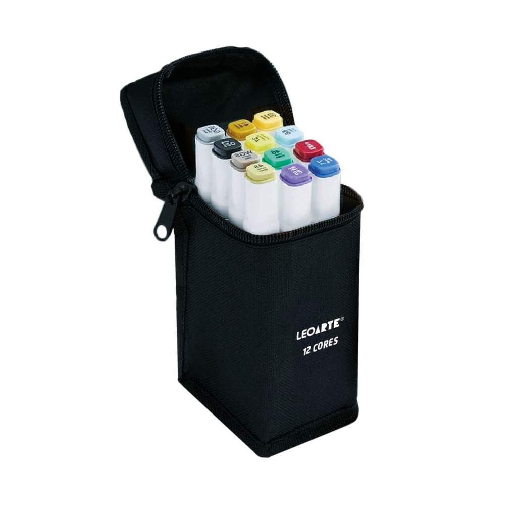 Caneta Marcador Dual Tip Profissional e Artístico - Estojo Tecido com 12 Cores Leonora - 10632 em Oferta na Shopee