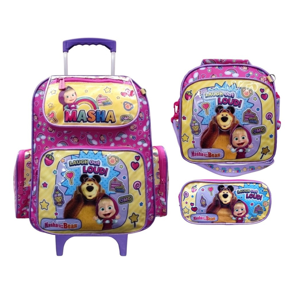 Kit Mochila de Carrinho Escolar Infantil + Lancheira + Estojo Chenson Masha e o Urso