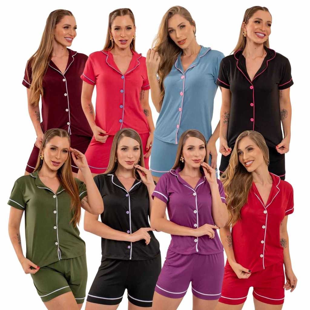 Pijama Americano Feminino Curto Suede com Botões | Gola V | Liso | Conjunto Camisa + Short | P/M/G/GG | Ref. 0035