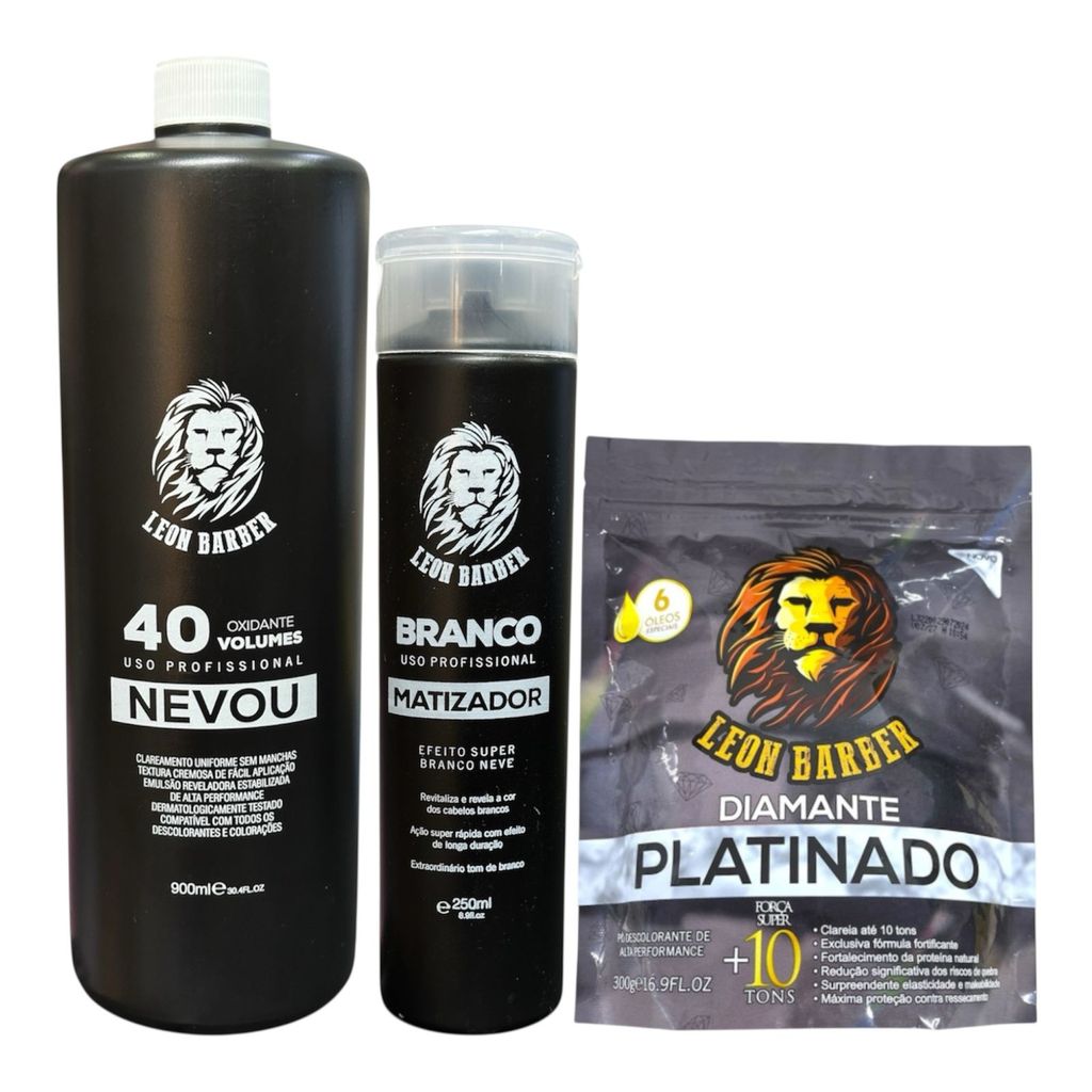 Kit Pó Descolorante Platinado + Matizador Branco 250ml + Água Oxigenada 40 Vol 900ml – Leon Barber
