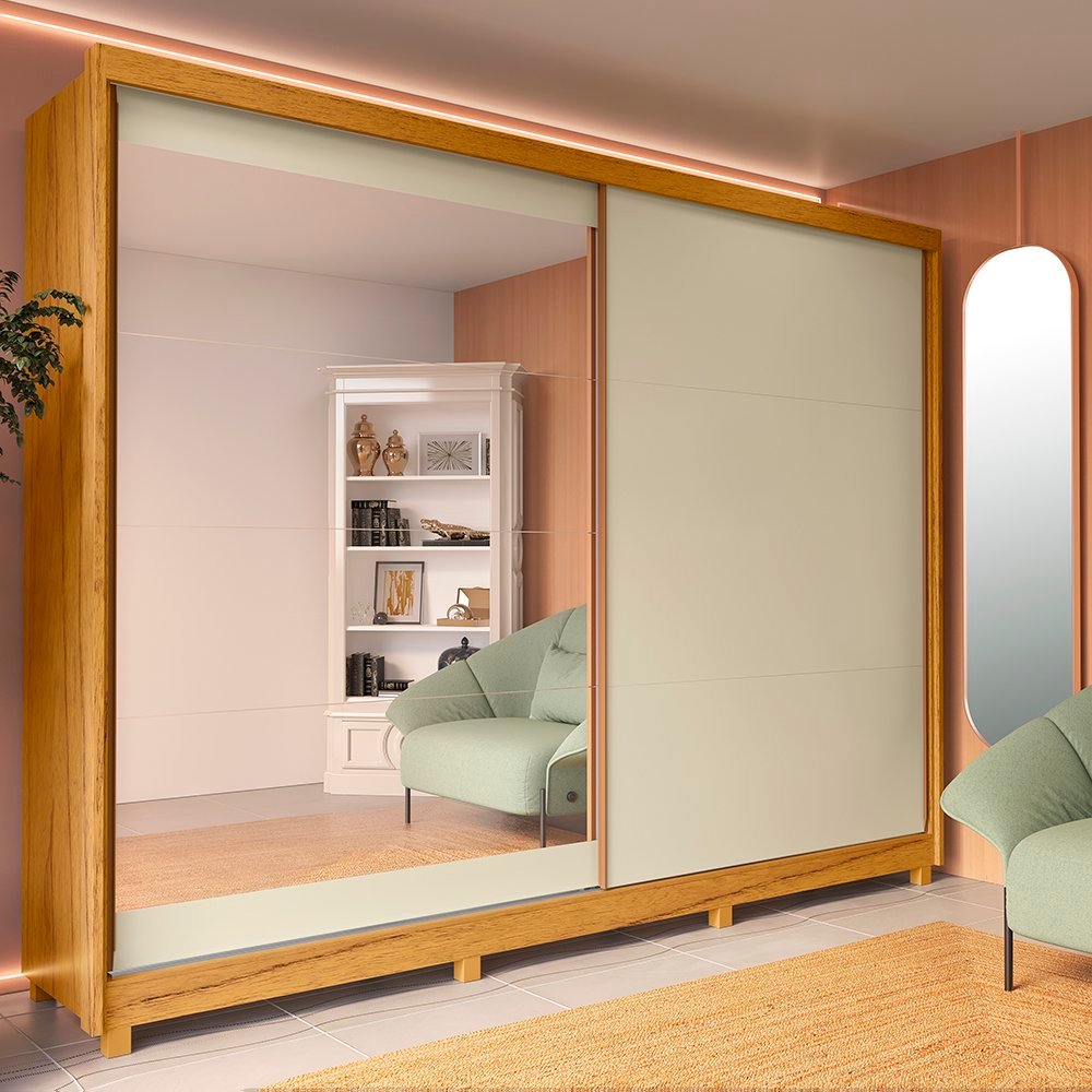 Guarda Roupa Casal 2 Portas de Correr Espelho Apolo 100% MDF Natura/Off White em Oferta na Shopee