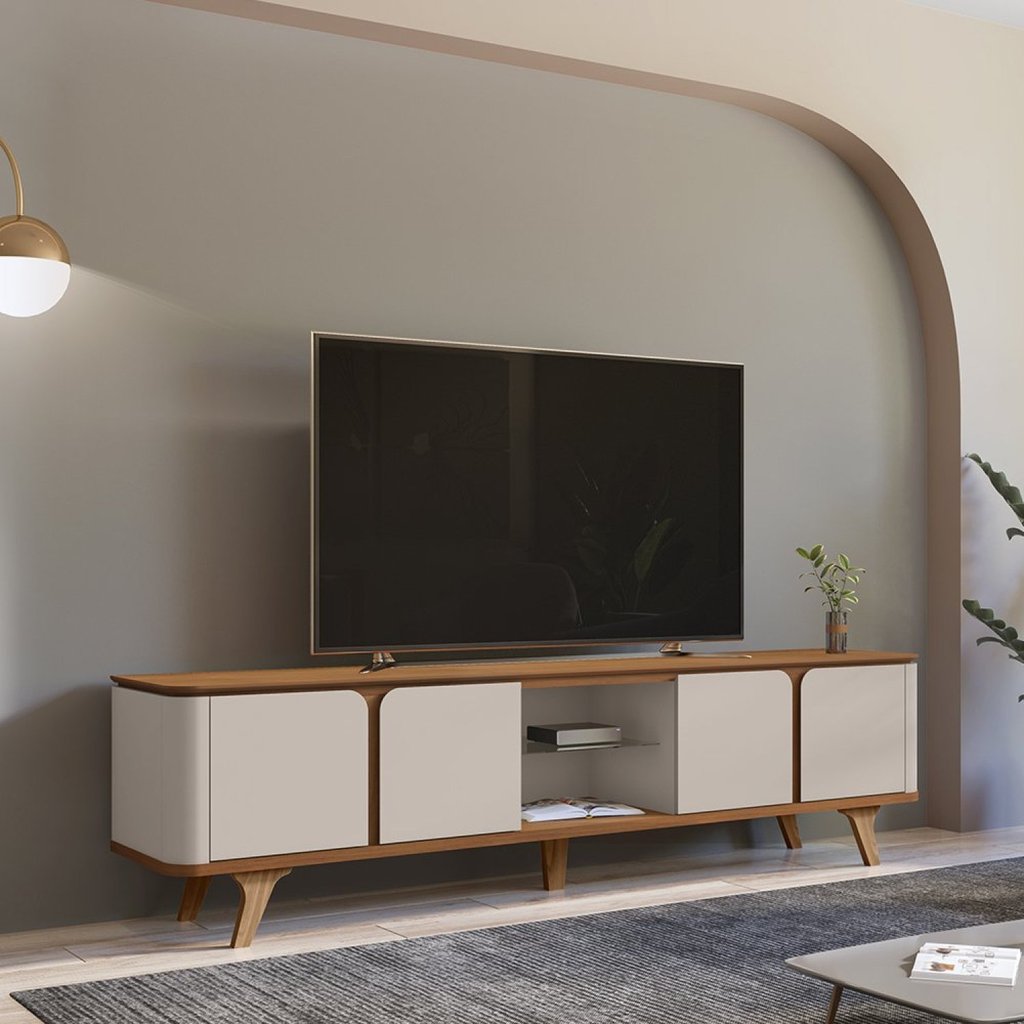 Rack para TV até 60 Polegadas 217cm Cantos Curvos e Pés Madeira Maciça Roma Cedro/Off White em Oferta na Shopee