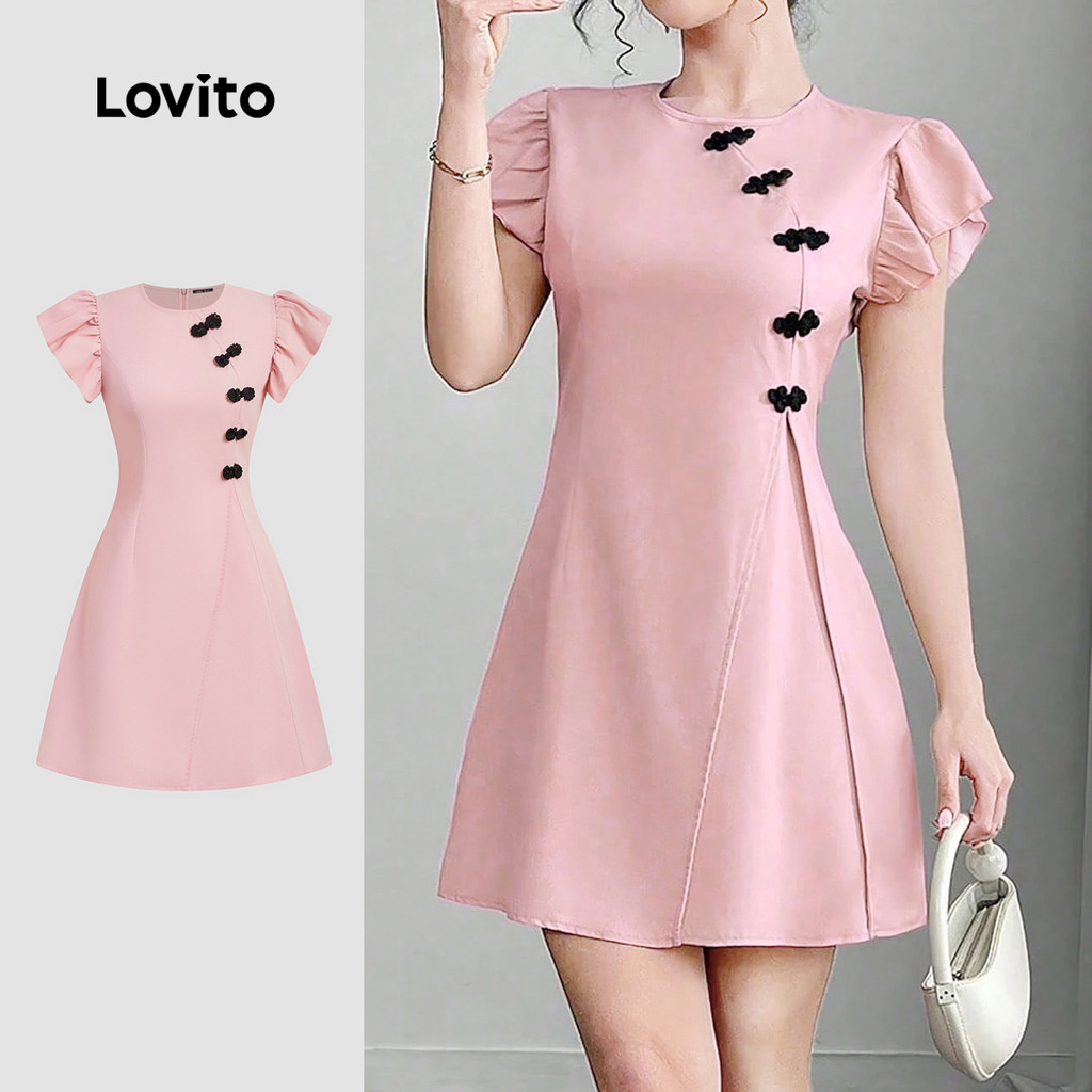 Lovito Vestido Casual De Verão/primavera Novo Estilo Chinês Cheongsam Qipao Com Botões Frontais Rosa Mulheres L155AD330 em Oferta na Shopee