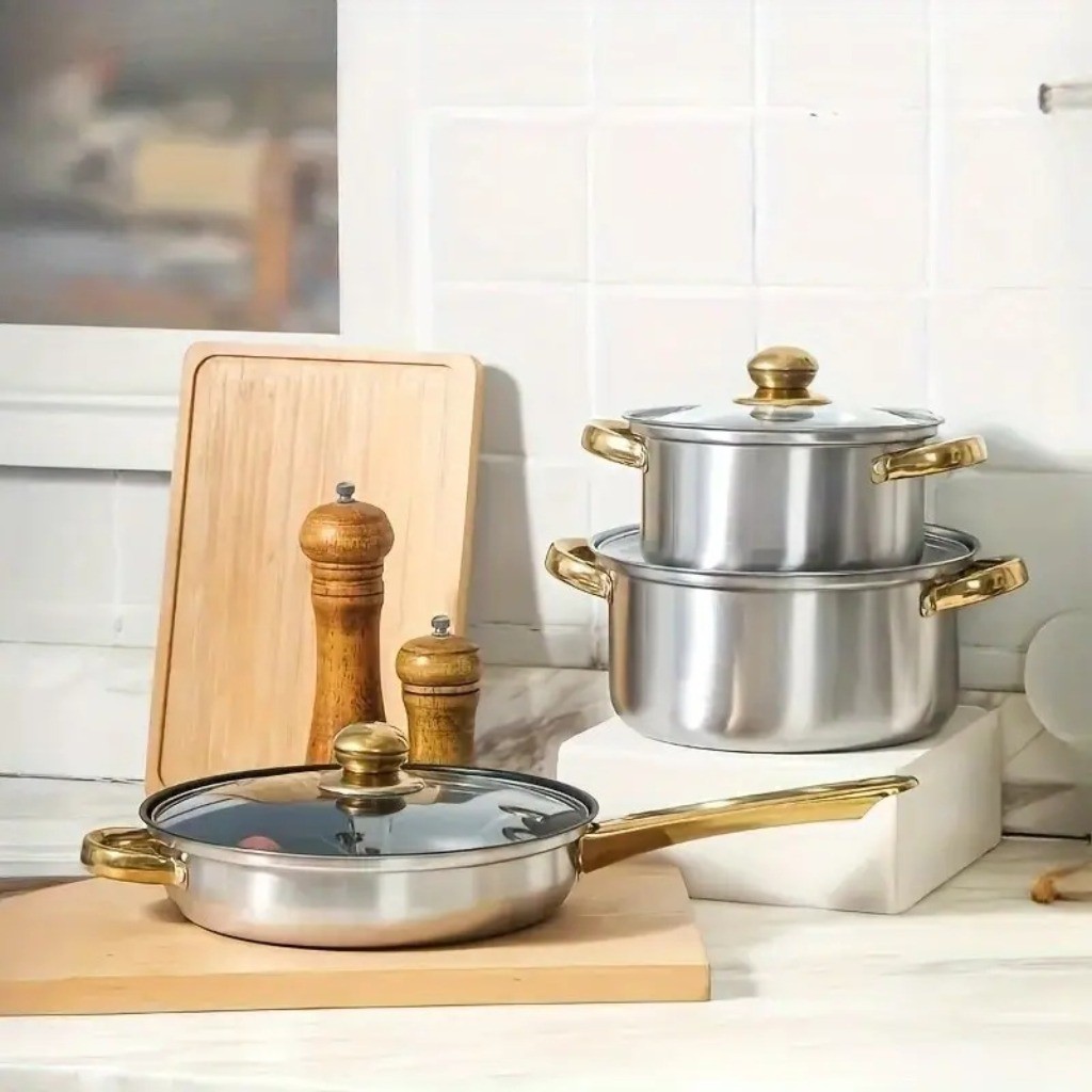 Conjunto de 12 peças de panela antiaderente de aço inoxidável: contém 5 panelas de sopa com tampa e 1 frigideira com tam