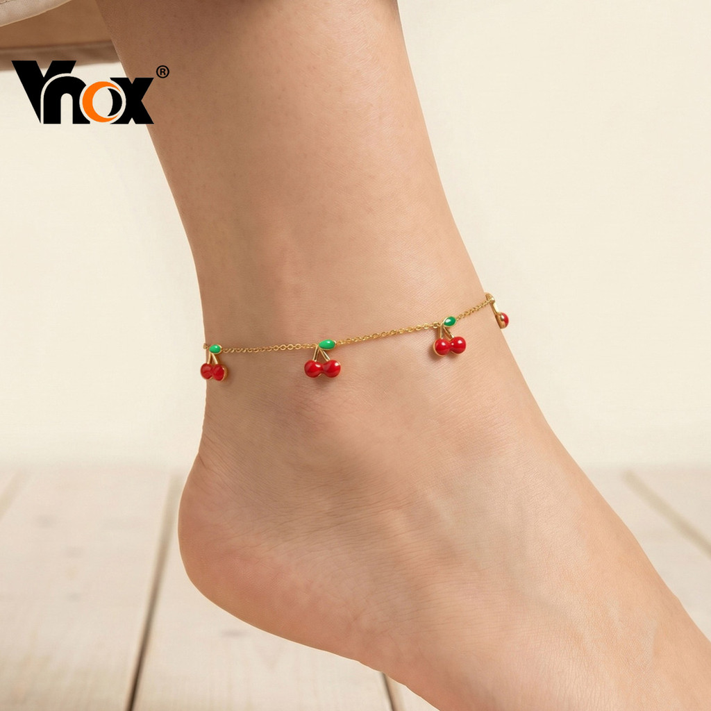 Tornozeleira Vnox Red Cherry Charm Para Mulheres Tom Dourado Hipoalergênico Verão Praia Vermelho Cereja De Aço Inoxidáve