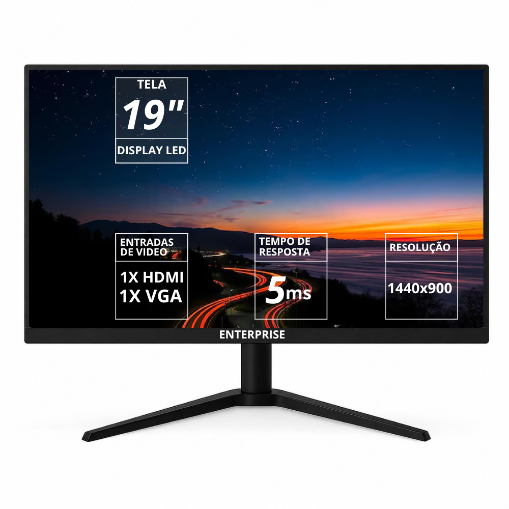 Monitor Enterprise 19" Polegadas, Conexão HDMI e VGA 60Hz Padrão Vesa Design Slim 127/220