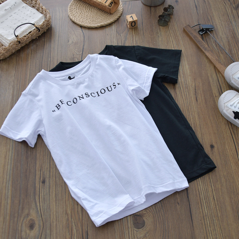Verão crianças simples pequena carta impressa puro algodão de manga curta camiseta meninos meninas All-Match Bottoming t
