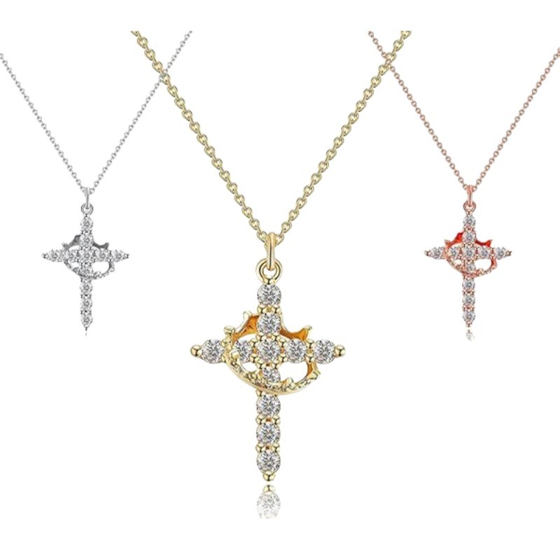 Cross-Border venda quente coroa cruz colar senhoras 14K banhado a ouro coroa colar simples diamante colar fé