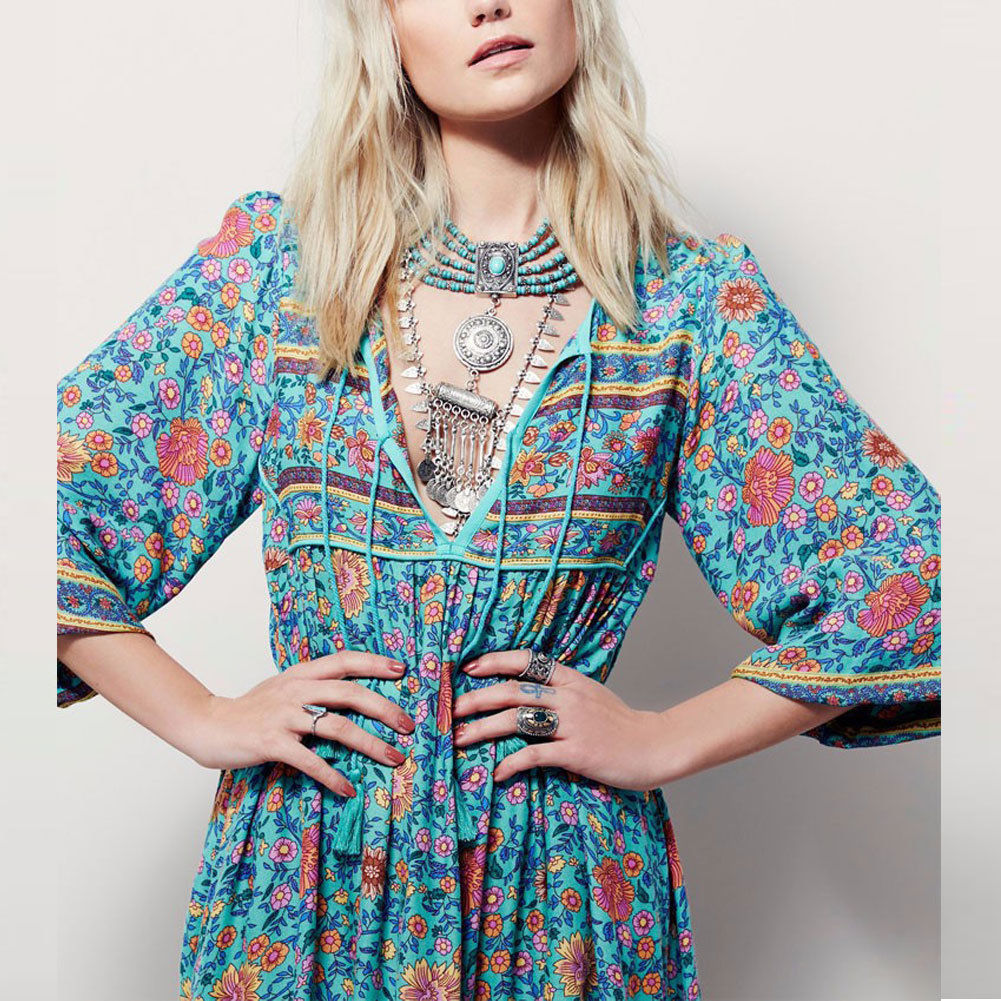 Vestido Maxi Boêmio Vintage De Manga Casual Festa Peça Única