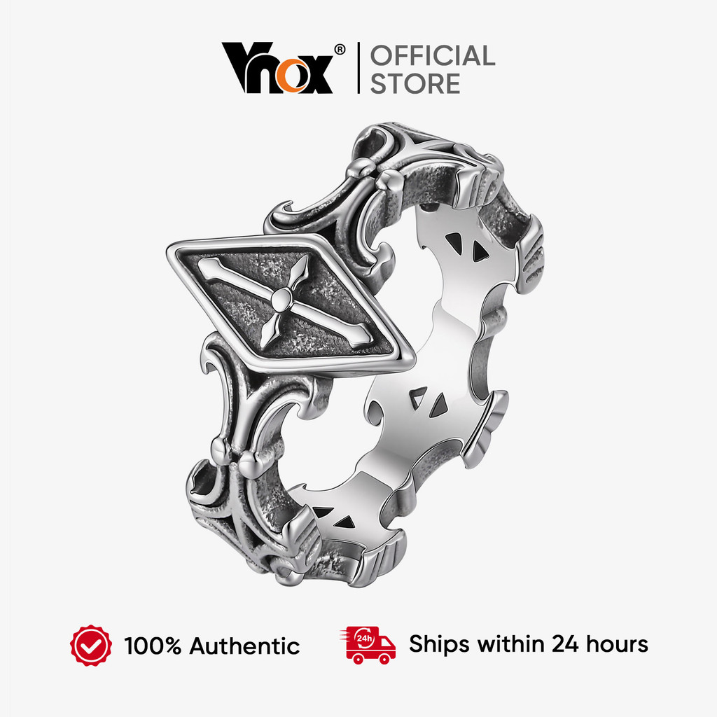 Vnox Prata Aço Inoxidável Cruz Esculpida Anel Masculino Vintage Rolagem Floral Gravado Banda Jóias Góticas