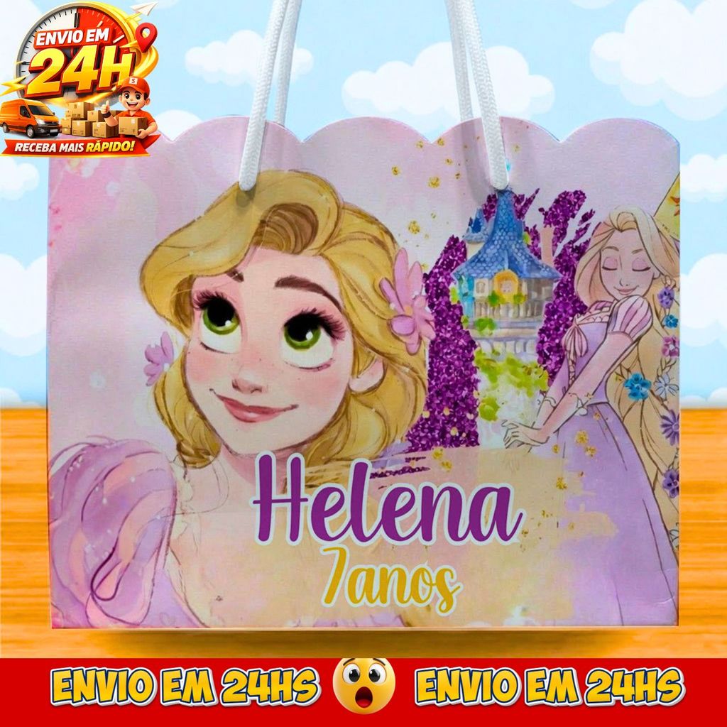 Sacolinhas Rapunzel Personalizadas - Lembrancinhas Enrolados princesa Premium com Nome e Idade