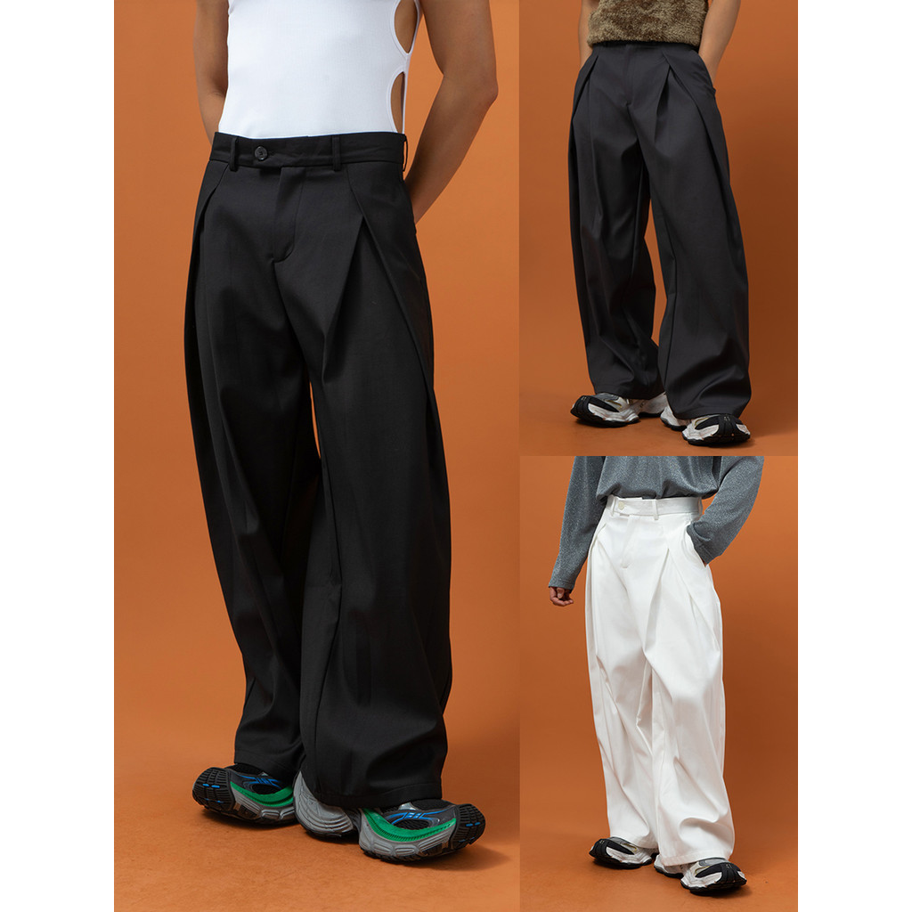 CLP Preto Branco Cinza Calças Design Plissado Calças Casuais de Perna Larga Calças Masculinas Soltas Retas Drape Trendy 