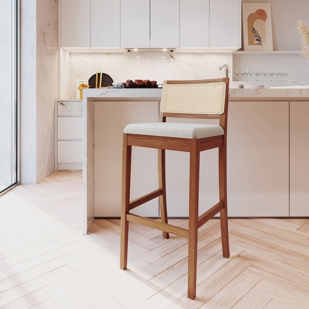 Banqueta com Encosto e Apoio para Pés Tiê CabeCasa MadeiraOriginals Amêndoa/Linho Off White
