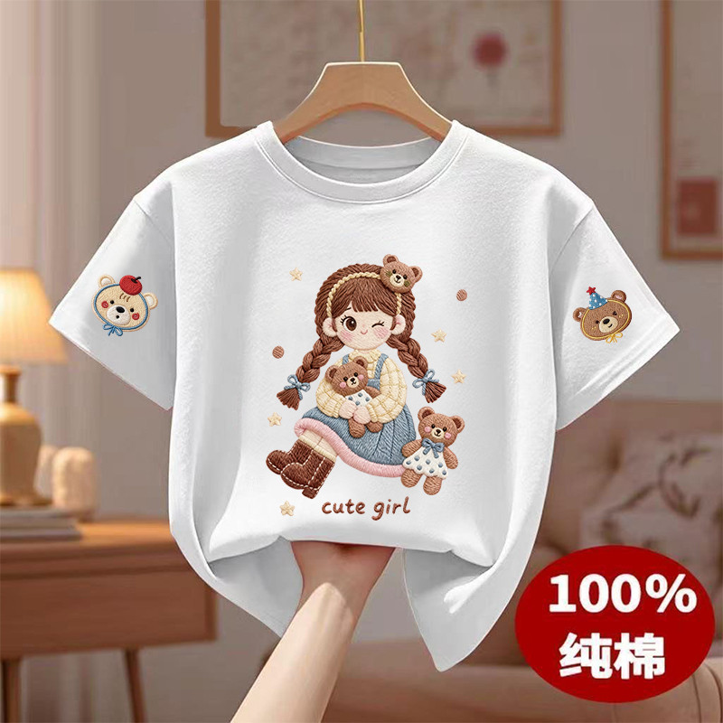 2026 novo estilo dos desenhos animados médio pequeno crianças verão impresso meninas topo bonito camiseta de fundo puro 