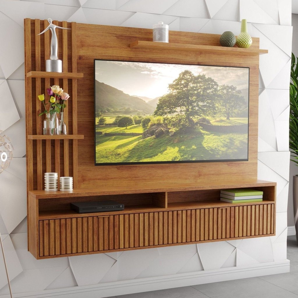 Painel Ripado para TV até 65 Polegadas MDF 180,5CMX149CM 1 Porta Acabamento Mel Provence Viero Bege Mel