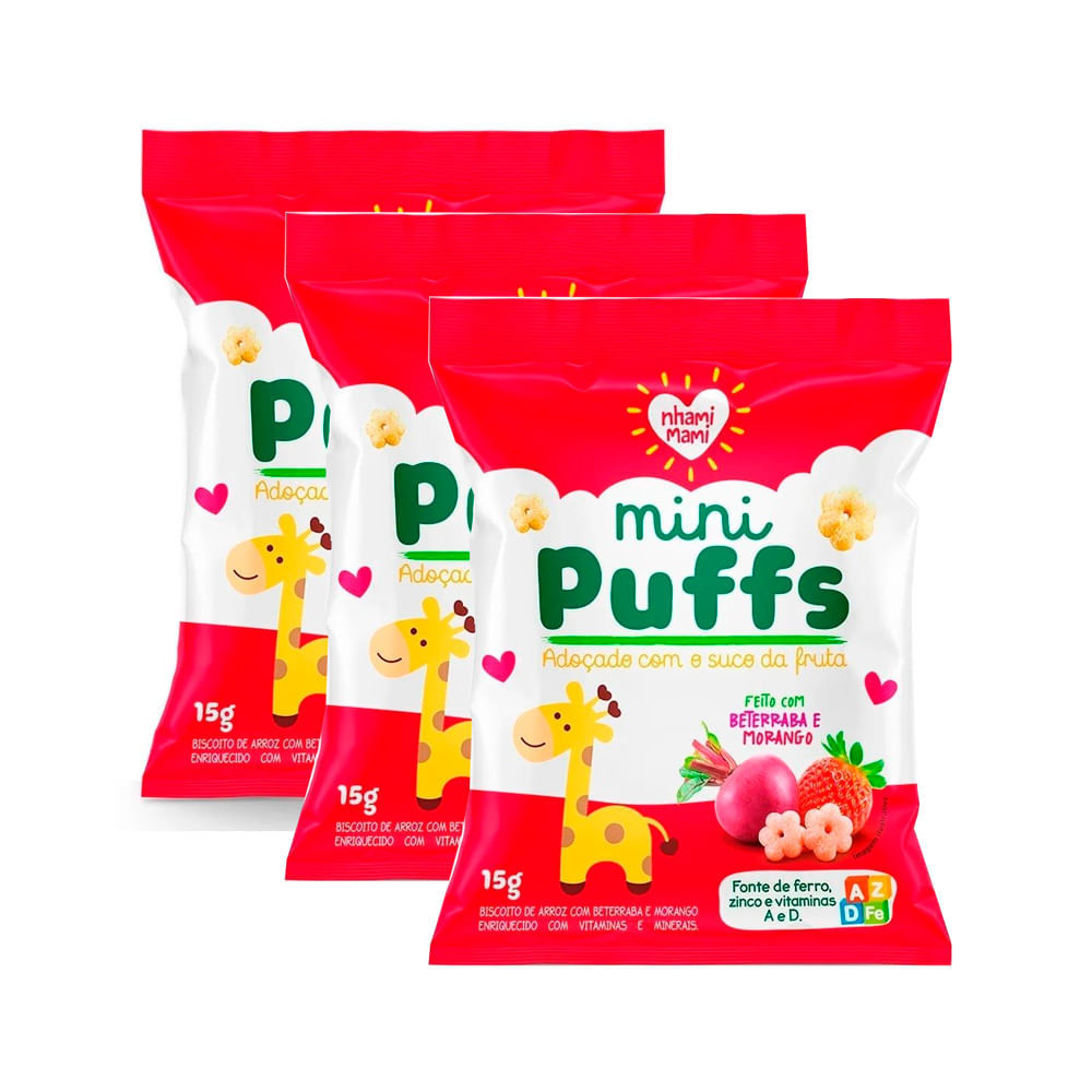 Kit 3 Biscoito Nhami Mami Mini Puffs Snack Beterraba e Morango 15g