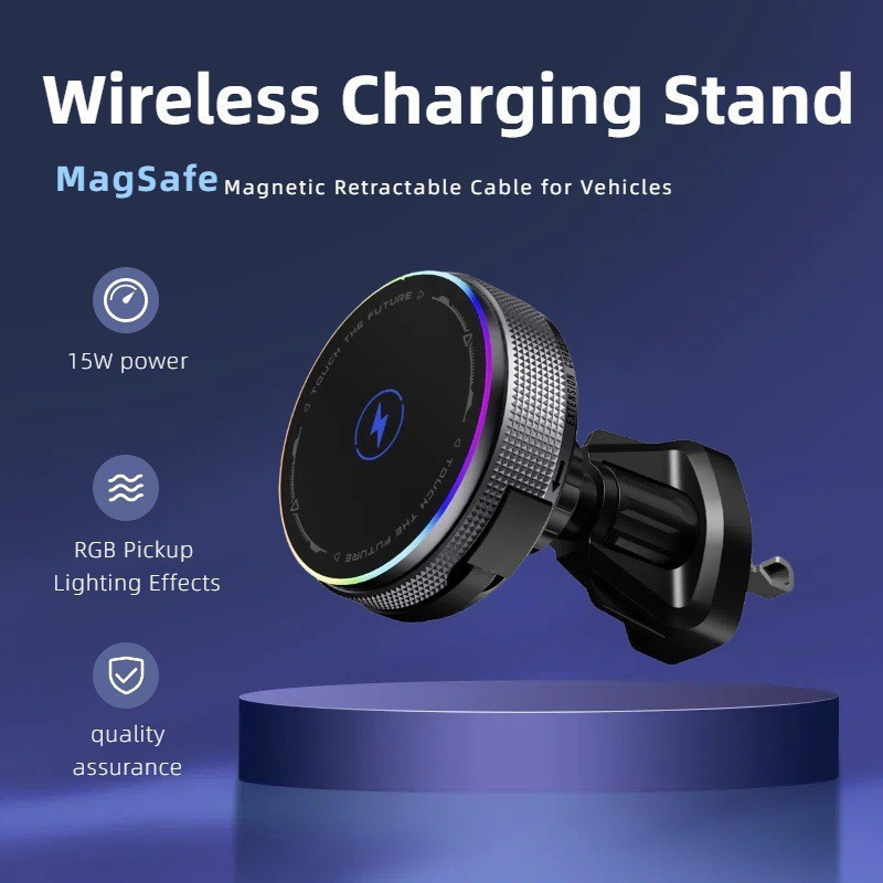 Compatível com celulares Apple e Huawei, carregador sem fio para carro, cabo retrátil, suporte magnético para celular Ma