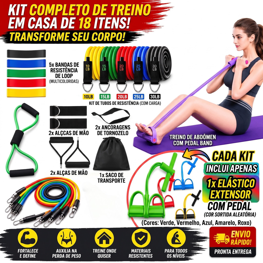 Imagem Kit 18 Itens Faixas Elásticas Fitness Extensor Musculação Treino em Casa Yoga Pilates Academia