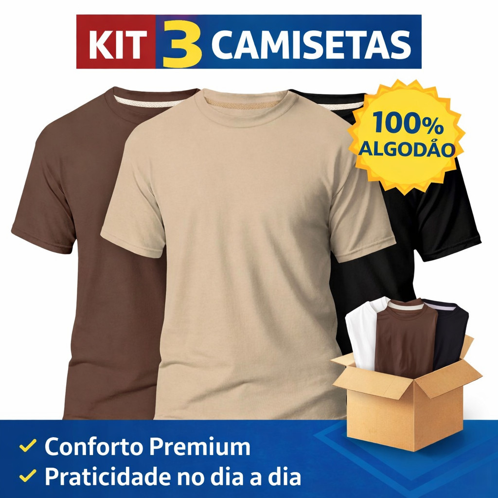 Kit 3 Camisa Masculina Lisa Premium Camiseta Basica Casual Trabalho Academia Treino Passeio Blusa Masculina