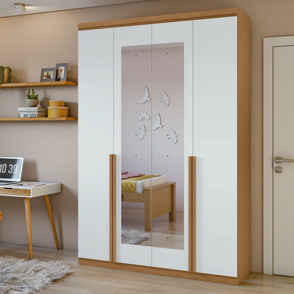 Guarda Roupa Solteiro 4 Portas 2 Gavetas com Espelho MDF Alonzo 153.5cm Marrom Amêndoa Clean/Branco Amêndoa