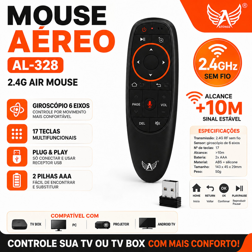 Controle Remoto Air Mouse AL-328 2.4G Sem Fio com Microfone de Voz, Giroscópio 6 Eixos e Receptor USB