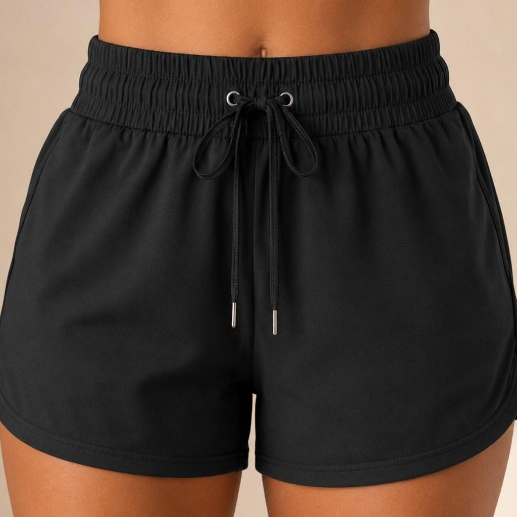 Short Tactel Preto Estiloso com Elastano Feminino para Academia, Piscina e Dia a Dia com Bolso Lateral