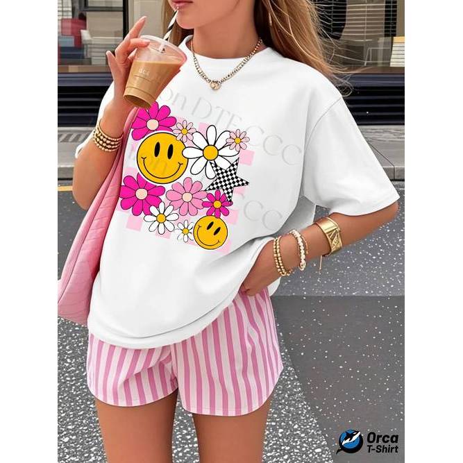 Camiseta Feminina Rosto Sorridente Flor Y2k Criativa Elegante Estilosa Confortável Tendência Verão