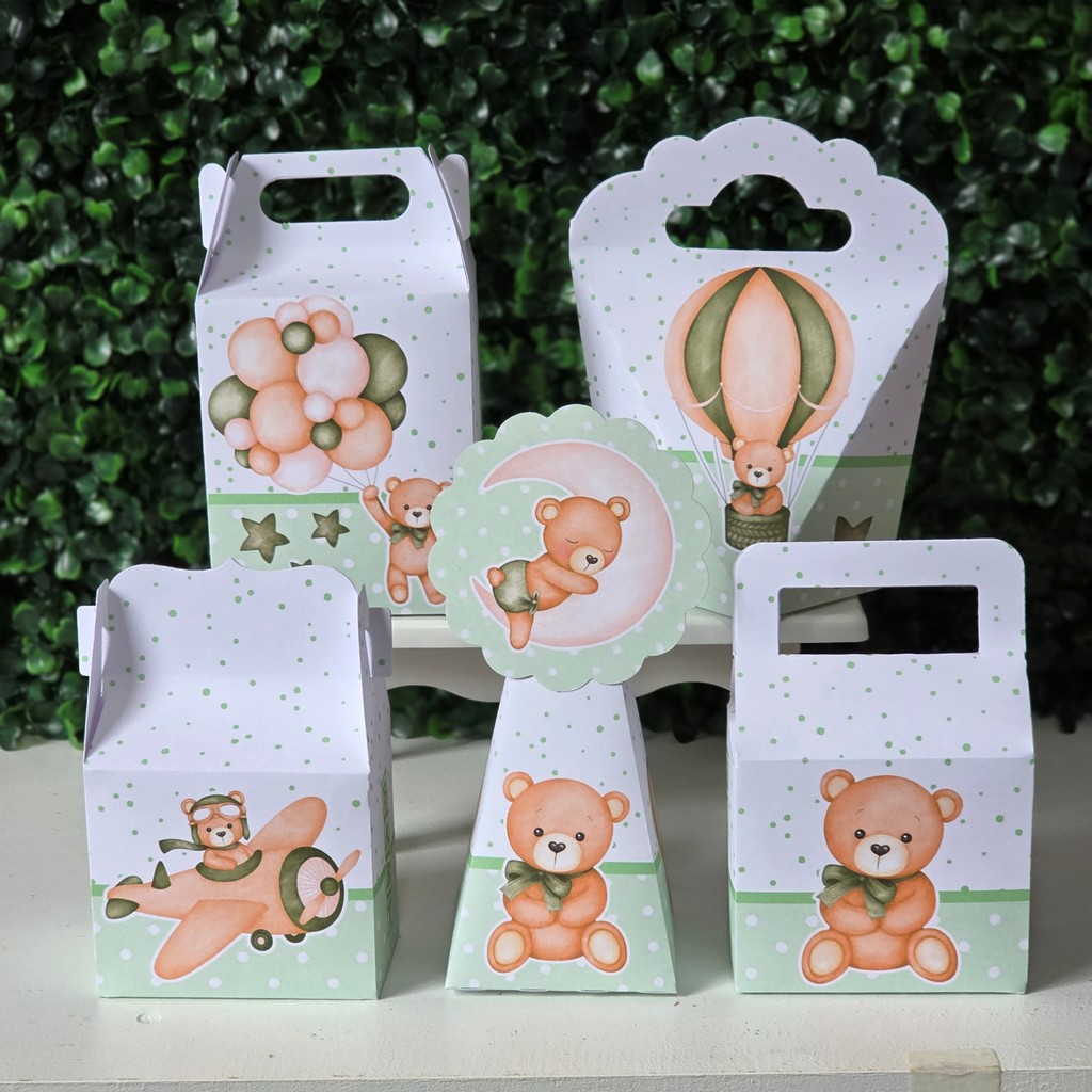 Kit Caixinhas URSINHO VERDE 2 chá de bebê fraldas festa infantis lembrancinhas aniversario mimo decoração personalizados