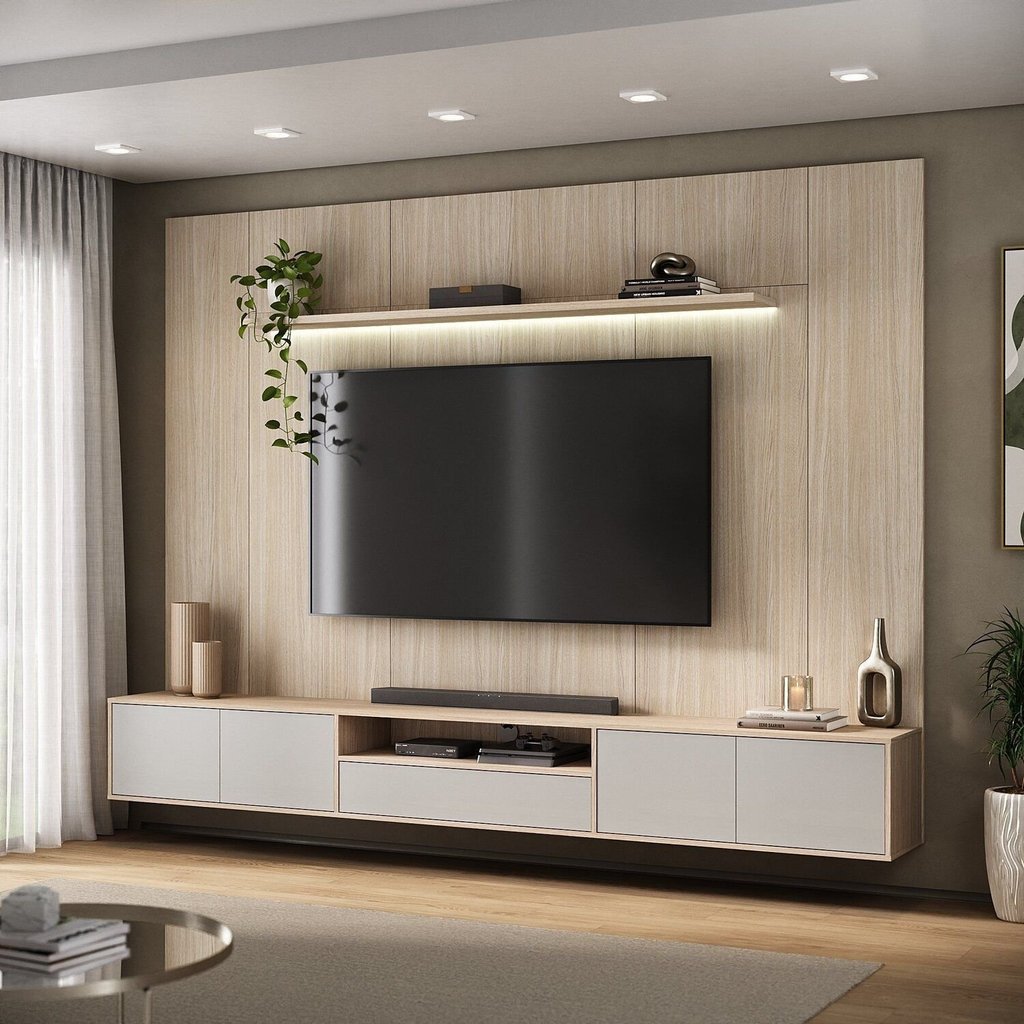 Rack com Painel para TV até 89 Polegadas 270x200cm com LED 100% MDF Astro Yescasa Galiano Grann Argila