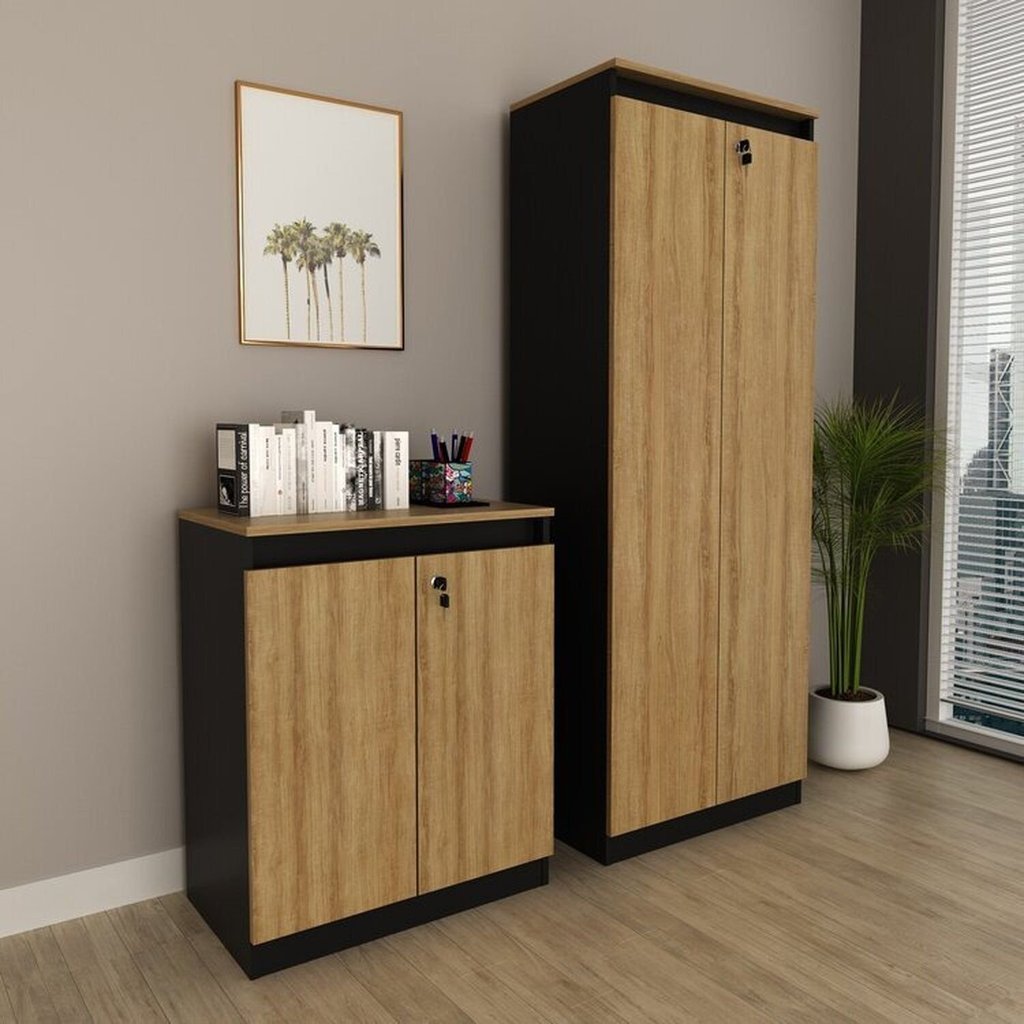 Kit 2 Peças Armário Escritório com 2 Portas e Balcã com Chave 2 Portas Preto/Amêndoa Amêndoa/Preto