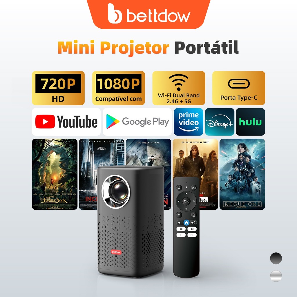 BETTDOW 2.1-inch Proyektor 160ANSI Brightness Type-C Interface Dual Band Wi-Fi S