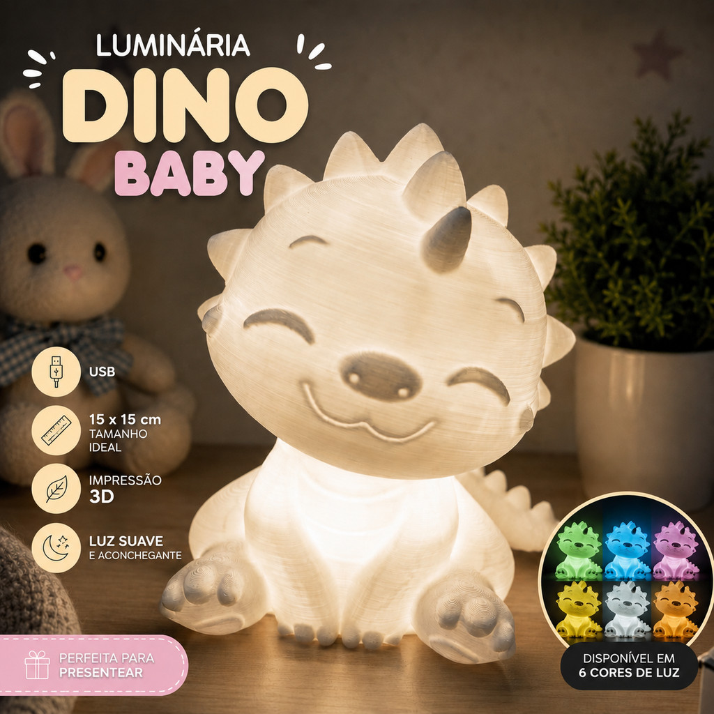 Luminária Dino Baby LED Infantil Luz Noturna Dinossauro Quarto de Bebê Decoração Infantil Abajur Dino Presente Crianças