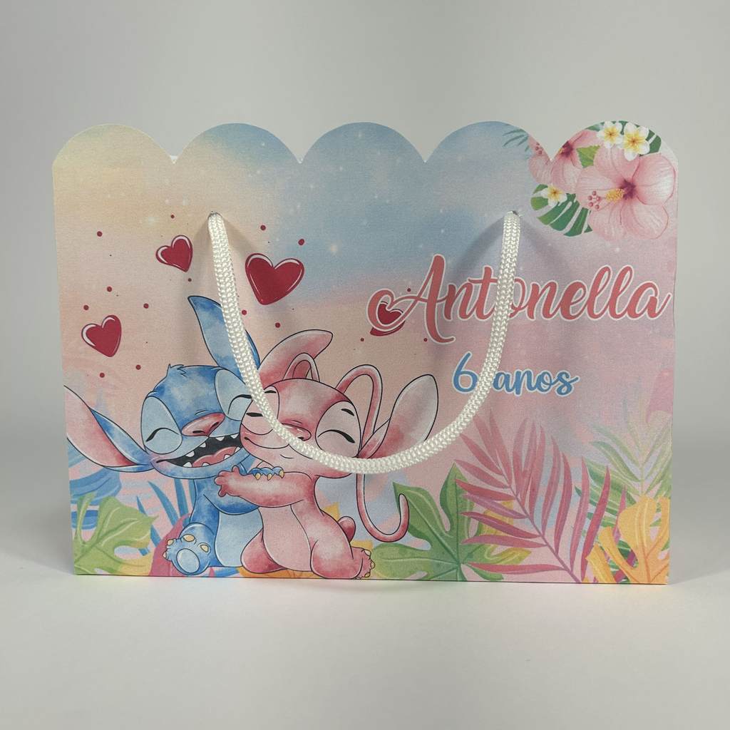 Kit Sacolinha Sacola Papelaria Personalizada Stitch e Angel Lembrancinha Caixinha para Festa
