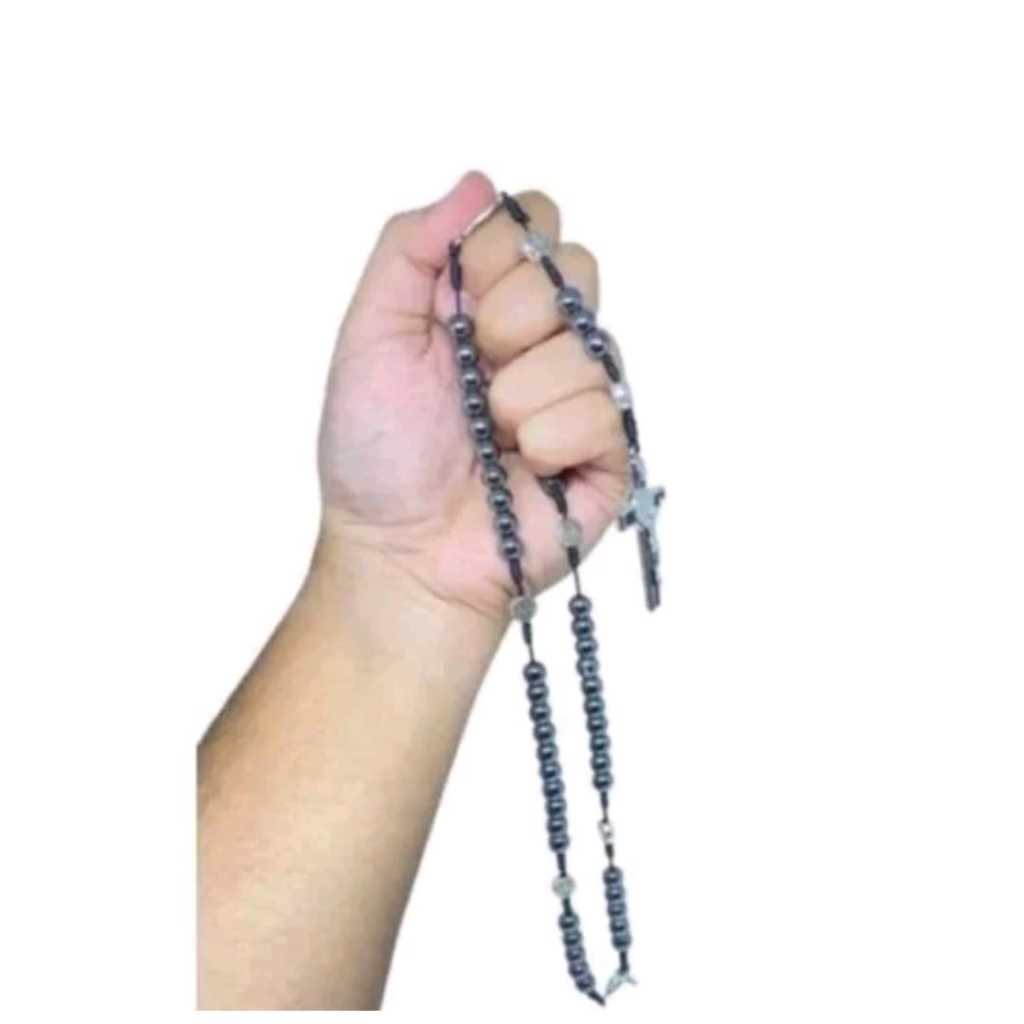 Colar Terço Masculino Hematita São Bento com Crucifixo