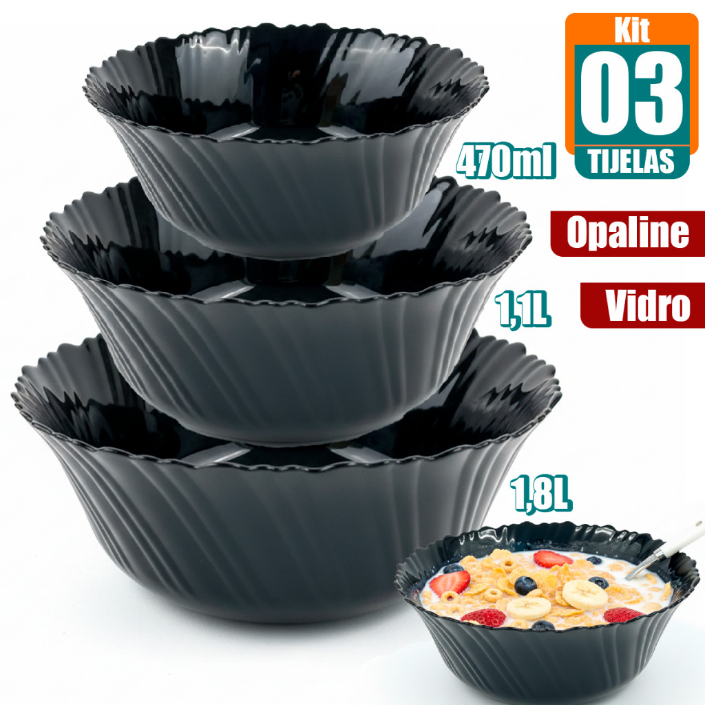 Kit 3 Tigelas Redondas Vidro Opaline Preto Black Canelado 470ml 1130ml 1800ml para Cozinha
