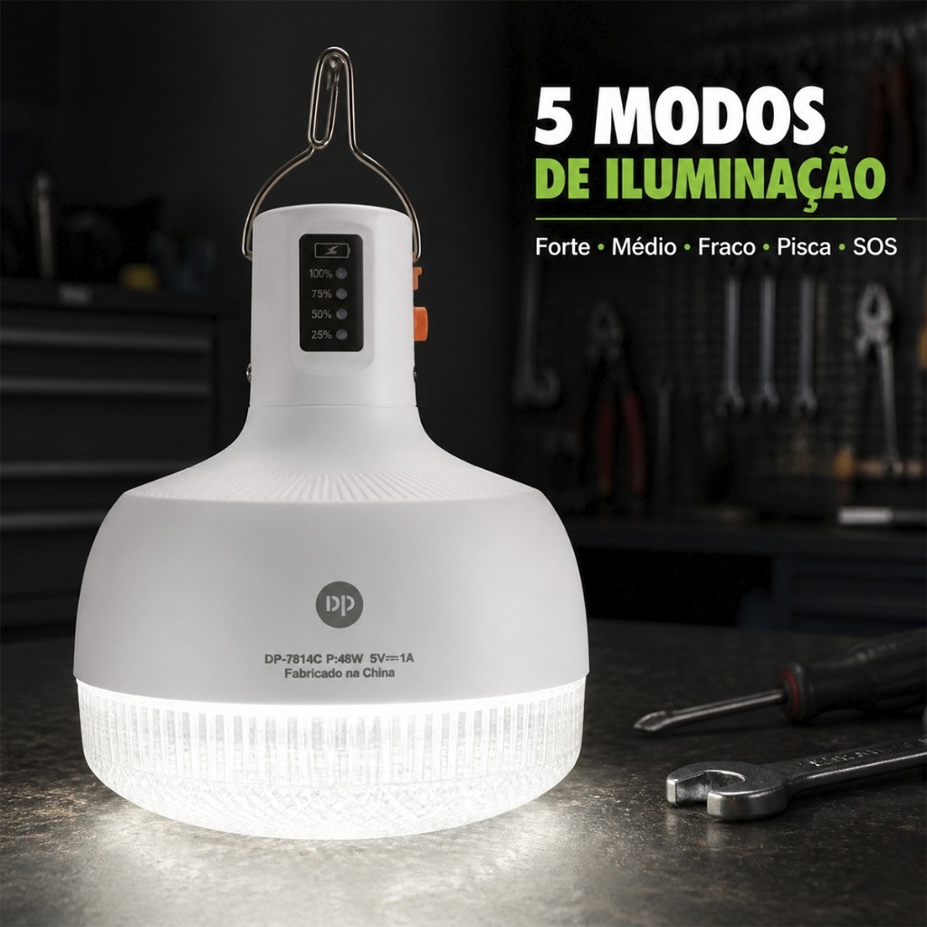 Lâmpada Recarregável 48W 6000mAh com Gancho para Emergência Camping Barraca Pesca e Área Externa USB