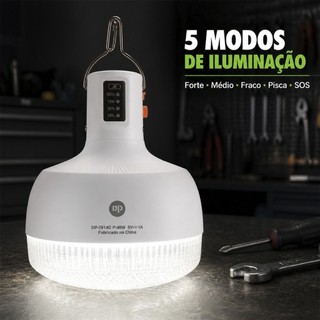 Lâmpada Recarregável 48W 6000mAh com Gancho para Emergência Camping Barraca Pesca e Área Externa USB