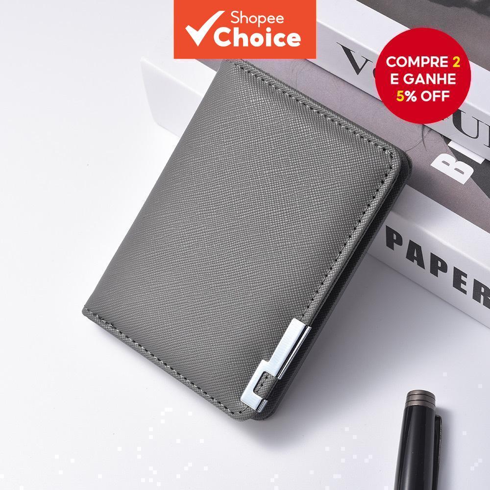 Carteira Curta Masculina De Couro Fino Com Bordas De Metal Porta-Cartões De Grão Cruzado Casual Elegante ​