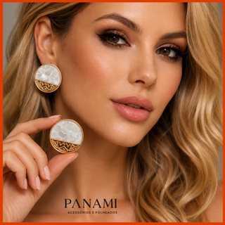 Brinco Redondo Madrepérola Dourado Feminino Grande Elegante Sofisticado Acessório Moderno Festa Casamento