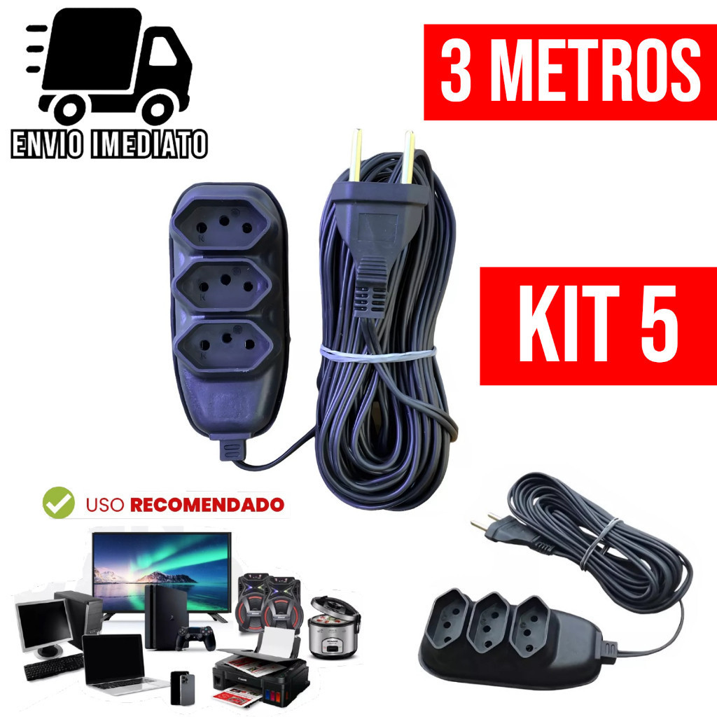 Kit 5 Extensão Elétrica 3 Metros Bivolt com 3 Tomadas 110v 220v Tripolar Alexa Compacta