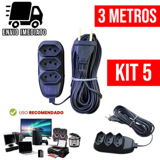 Kit 5 Extensão Elétrica 3 Metros Bivolt com 3 Tomadas 110v 220v Tripolar Alexa Compacta